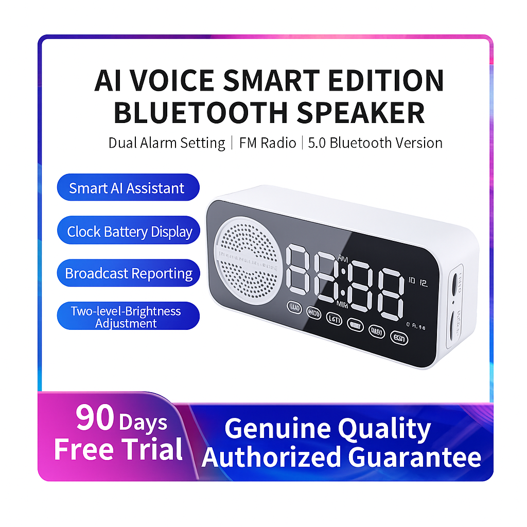Portable Smart AI Bluetooth Speaker with LED Mirror Alarm Clock β Wireless Music, Voice Control, Home & Travel Audio