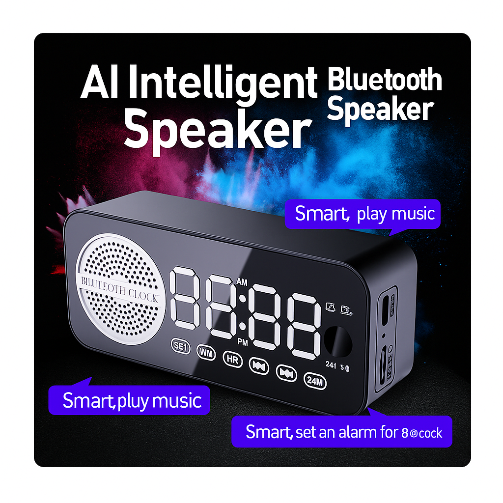 Portable Smart AI Bluetooth Speaker with LED Mirror Alarm Clock β Wireless Music, Voice Control, Home & Travel Audio